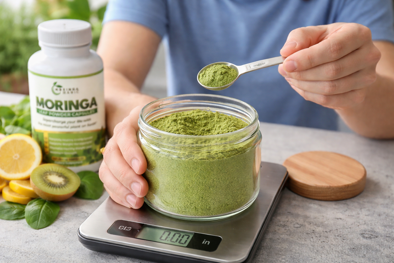 Precise measurement of Moringa powder with spoon for accurate Moringa benefits