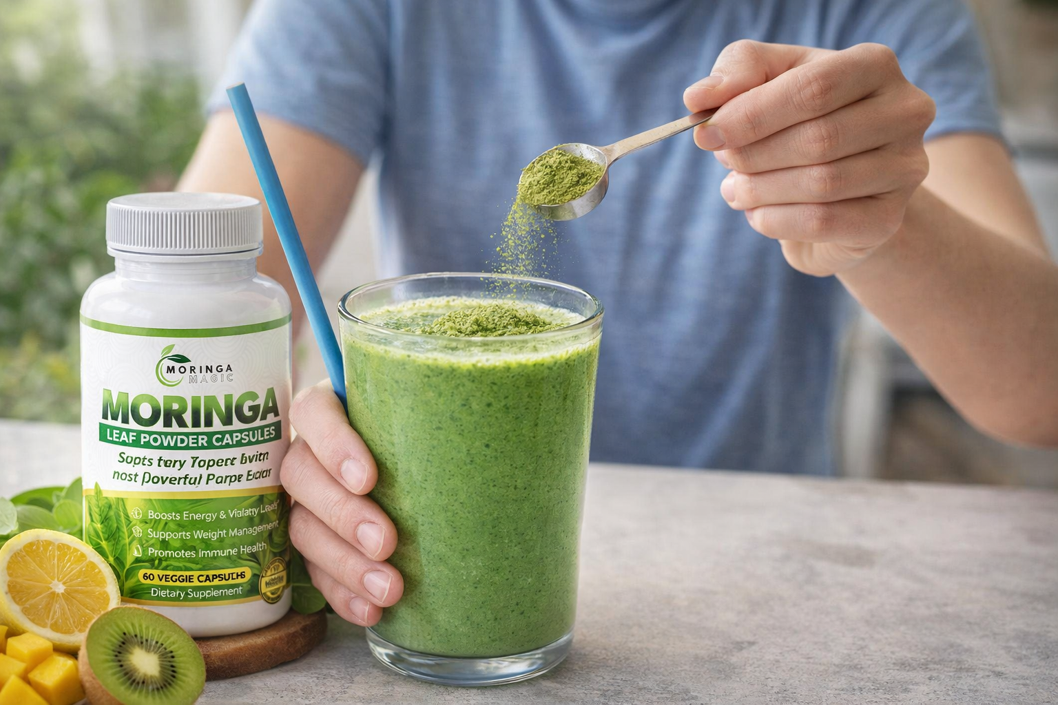 Person measuring Moringa powder into smoothie to enjoy Moringa benefits