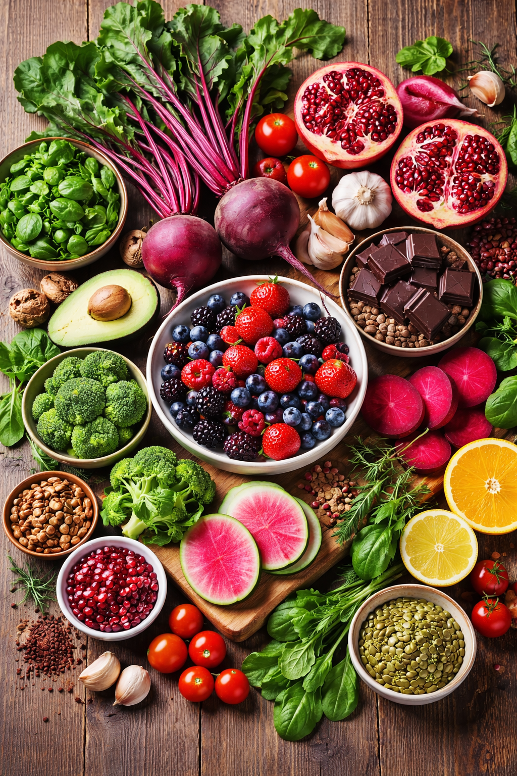 colorful assortment of foods that boost nitric oxide including beets berries and dark chocolate