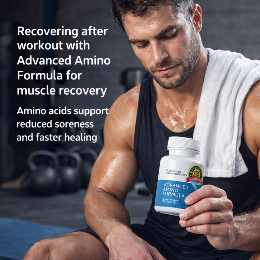 Athlete recovering after workout with Advanced Amino Formula for muscle recovery, amino acids support reduced soreness and faster healing