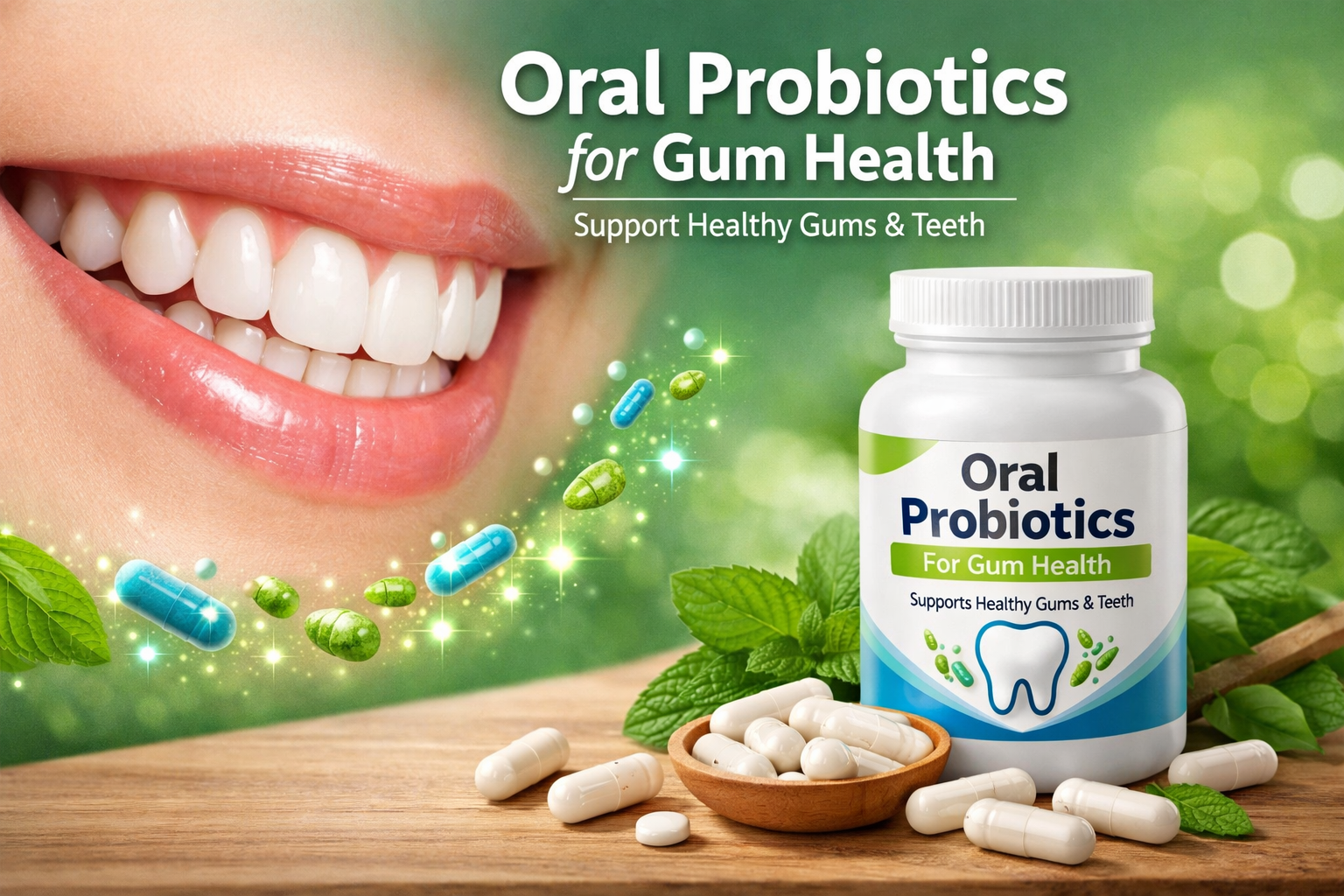 Oral probiotics for gum health concept showing healthy gums and supplement bottle
