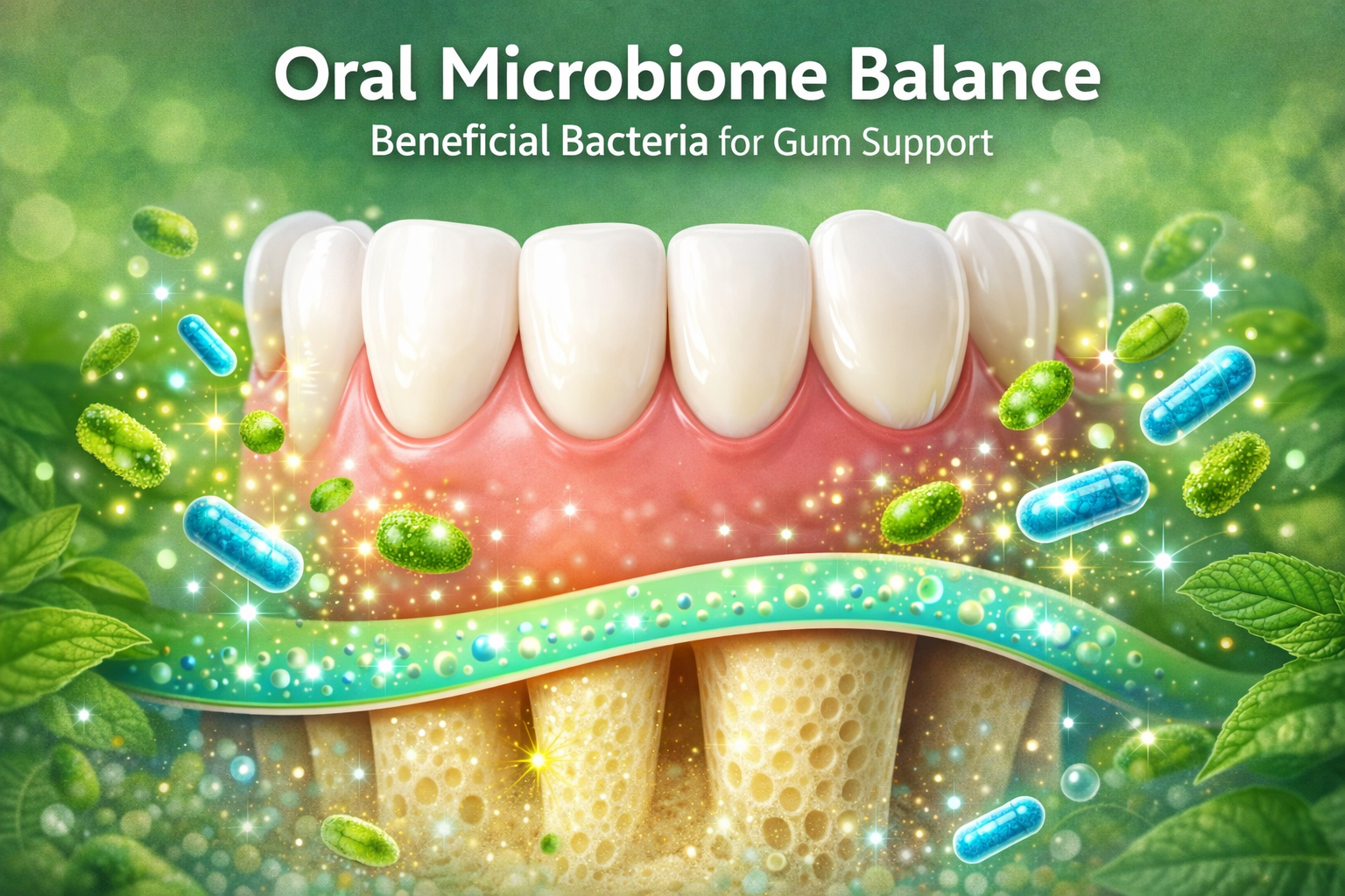 Illustration of oral microbiome balance with beneficial bacteria for gum support